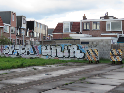829795 Gezicht op de schutting vol graffiti langs het terrein van de voormalige werkplaatsen van de N.S. bij de 2e ...